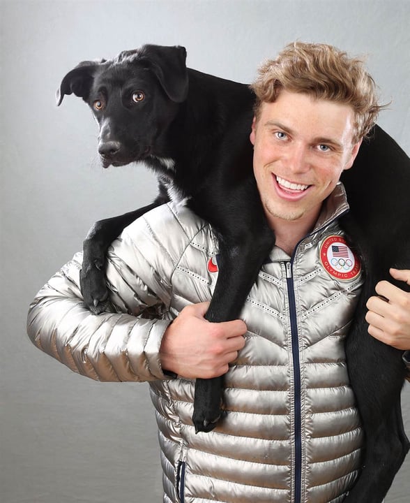 Gus Kenworthy with one of his rescue dogs from Sochi