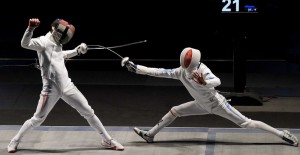 Two fencing stars going at it in Nike's Air Zoom Fencing shoes.