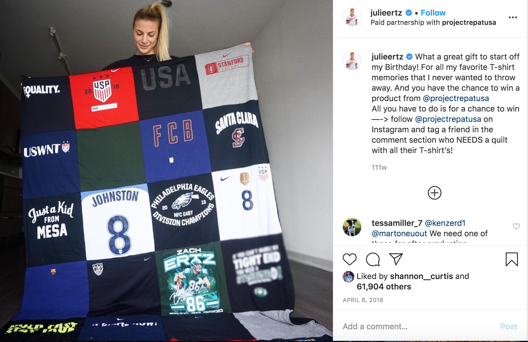 Julie Ertz holding a quilt of her different soccer jerseys and shirts.
