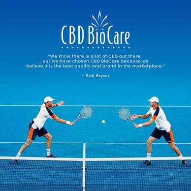 An advertisement from CBD BioCare featuring two of their athlete endorsers, tennis stars and brothers Mike and Bob Bryan.