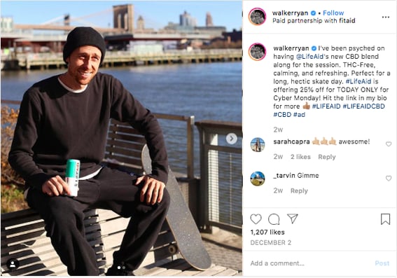 Skateboarder Walker Ryan making a sponsored post for LifeAid and their CBD blend product.