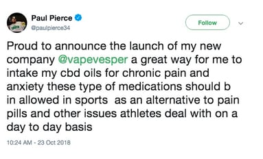 A tweet from Paul Pierce announcing his partnership with Vape Vesper.